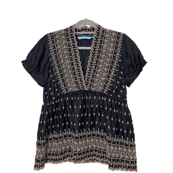 Johnny Was Blouse Women’s M Silk Eyelet Embroidered Black Gold Boho Baby Doll - Picture 1 of 7